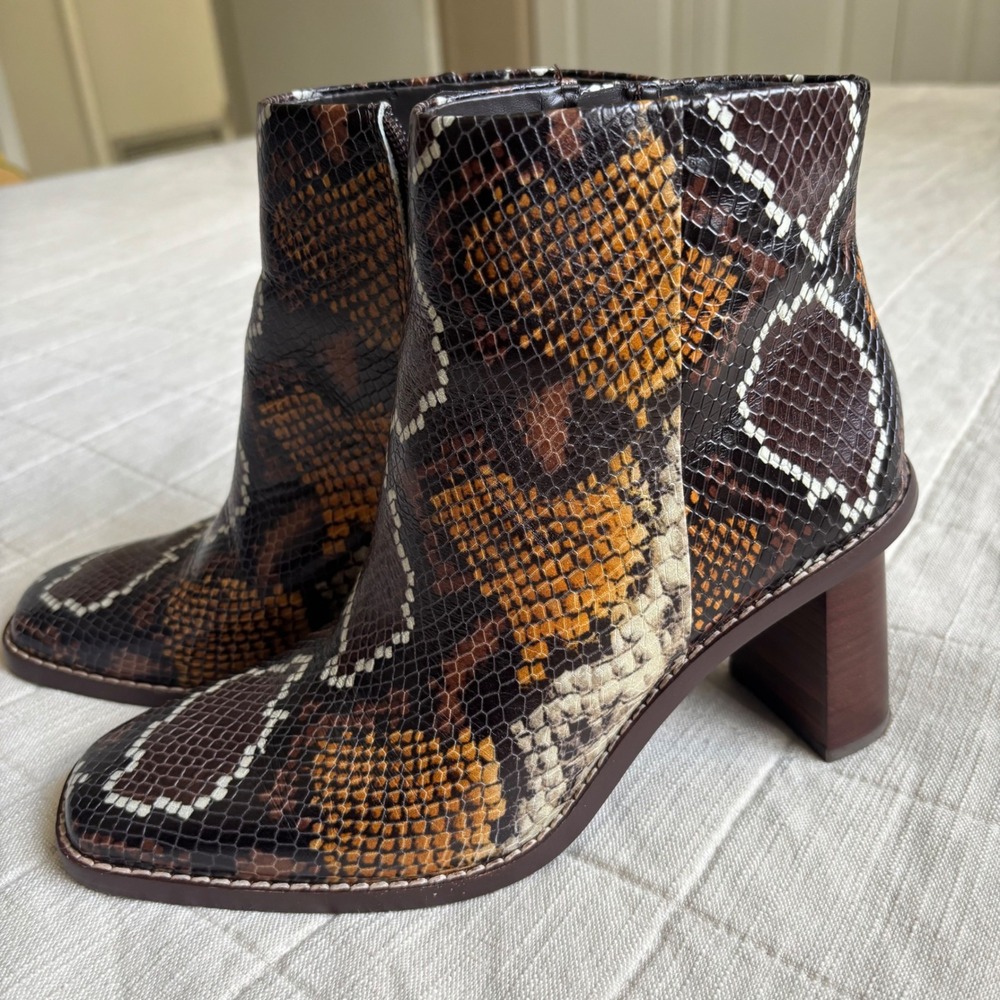 Gibson Latimer Ankle Boots Womens 6.5 Brown Snakeskin Block Heel Bootie